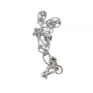 Élégant ear cuff papillon argenté avec strass brillants et motifs floraux