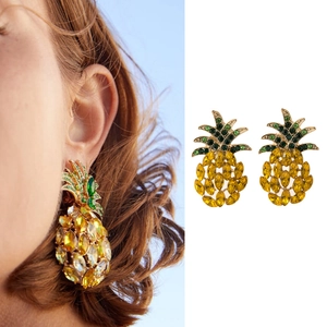 Boucles D'Oreilles Clous Ananas En Alliage Pour Femmes Strass Jaunes Et Verts Scintillants Forme Fruit Style Tropical Bijoux Or