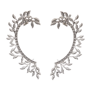 Elegant silver vine leaf ear cuffs with sparkling crystals and a hollow wrap design