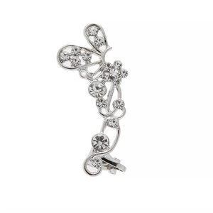 Élégant ear cuff papillon argenté avec strass brillants et design d'ailes creuses