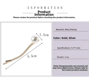 Detailed view of wave-shaped metal hair clip with pearl showing 5.5cm size and specs