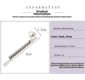 Detail view of silver twisted hair clip with pearl showing dimensions 5cm length