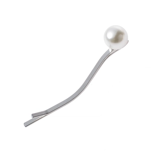 Minimalist silver metal hair clip with a large round white pearl decorative element