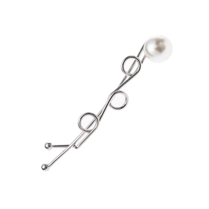 Elegant wavy silver metal hair clip with white pearl detail on white background