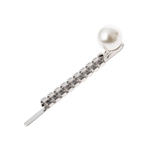 Minimalist silver twist hair clip featuring a large white pearl on a spiral metal band