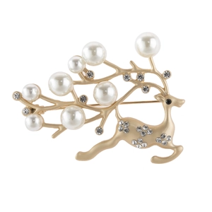 Elegant Alloy Deer Brooch With White Faux Artificial Pearl And Rhinestone Decoration Gold Silver Christmas Pin For Women Jewelry Accessories