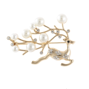 Elegant gold reindeer brooch with white pearls and sparkling rhinestones for women