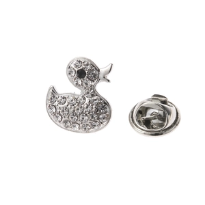 Sparkling crystal duck brooch with silver metal base and secure round butterfly clutch