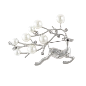 Elegant silver elk brooch with white pearls and sparkling rhinestones for women