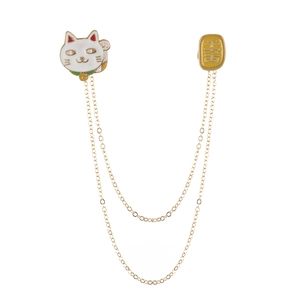Cartoon Alloy Enamel Linked Brooch Pins Cute Lucky Cat Planet Mount Fuji Double Layer Chain Collar Pin Jewelry For Women
