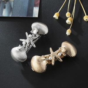 Barrettes à cheveux étoiles de mer et coquillages en or et argent avec perles et strass