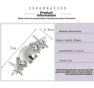 Detailed silver starfish and seashell hair clip with pearls showing dimensions and scale