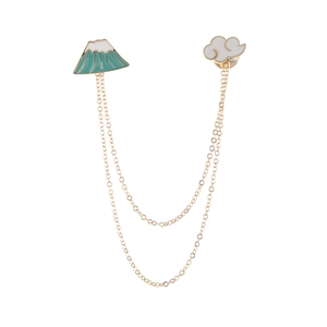 Japanese style Mount Fuji and white cloud collar pin brooch with golden chains