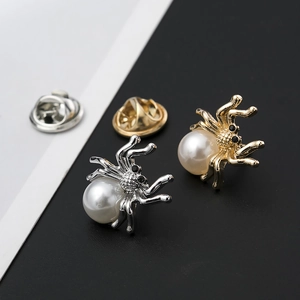 Spider brooch pins with white pearls and rhinestones in gold and silver finish