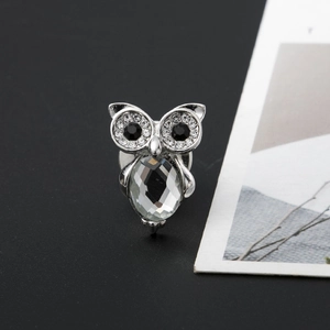 Detailed macro view of owl brooch featuring a large clear gem and silver metal texture