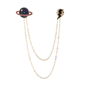 Cartoon Saturn and lightning alloy collar pin with double layer gold chain on white background