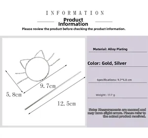 Detailed size specifications for alloy cat ear hair stick showing gold and silver finish