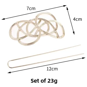 Detail showing dimensions of golden Celtic knot hair slide and 12cm U-shaped hair pin set