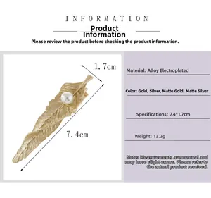 Detailed specs of the leaf-shaped alloy hair clip with pearl and dimensions 7.4x1.7cm
