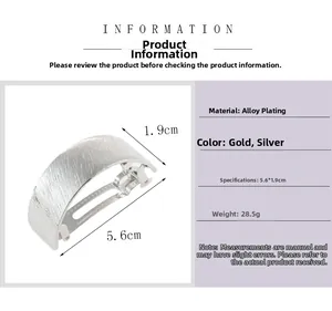 Detail of silver brushed texture rectangular arch hair clip with 5.6x1.9cm dimensions