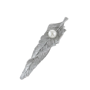 Silver feather hair clip with white pearl accent on a clean white background