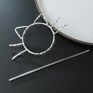 Minimalist silver cat hair stick and cage set with handmade hammered metal texture