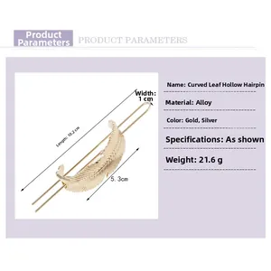 Detail showing dimensions of golden hollow leaf hair pin with 10.2cm length specs