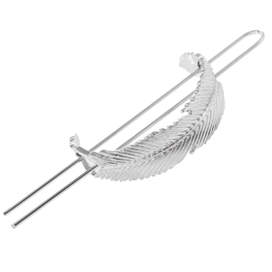 Silver textured leaf hollow hair pin with elegant curved metal feather design