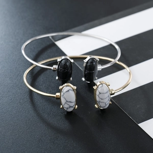 Minimalist open alloy bracelets with turquoise marble stone in gold and silver finish