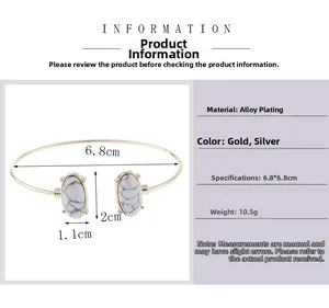 Detailed size specifications of C-shaped alloy bracelet with white marble stone inlays