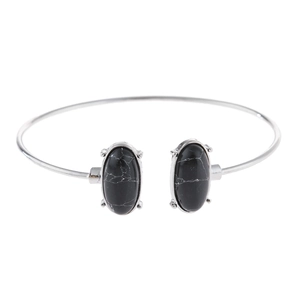Minimalist Open C-Shape Alloy Bangle With Oval Faux Turquoise Marble Pattern Stones Gold Silver Electroplated Jewelry For Women