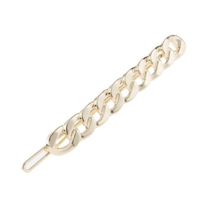 Golden alloy chain hair clip with a polished finish for women on a white background