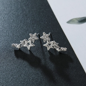 Detail showing gradient star cluster earrings with sparkling zircons in silver finish