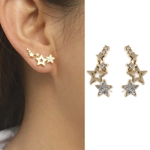 Fashion Alloy Rhinestone Star Ear Crawlers Geometric Pentagram Stud Earrings For Women Daily Wear Modern Jewelry