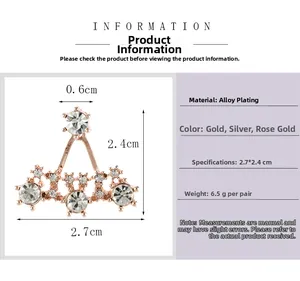 Detailed view of triangular rose gold alloy earrings with zircon stones and size dimensions