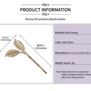 Gold leaf shaped alloy hair clip with detailed twin leaf design for women size 6x2.3cm