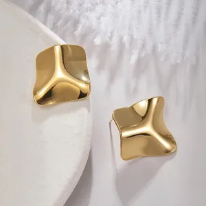 Elegant gold titanium steel earrings with irregular square shape and wavy texture finish