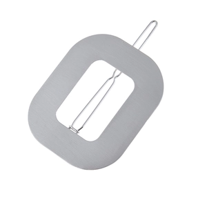 Minimalist silver rectangular hollow hair clip with rounded corners and metal snap closure