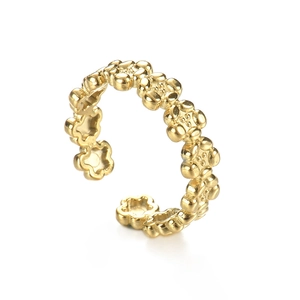 14K gold plated floral open ring featuring layered flower charms and adjustable band