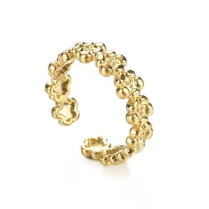 Minimalist 14K Gold Plated Stainless Steel Adjustable Ring Elegant Hollow Flower Design Floral Finger Jewelry For Women