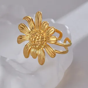 Exaggerated golden sunflower open ring in stainless steel for women with layered petals