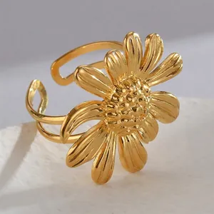 Minimalist sunflower open ring in gold stainless steel with 12 detailed metal petals