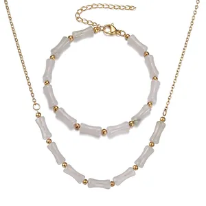 Elegante Collana E Bracciale Con Perline a Nodo di Bambù Per Donna Acciaio Inossidabile Placcato Oro Pietra Artificiale Gioielli
