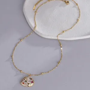 Golden shell pendant necklace with colorful zircons and white enamel finish for women