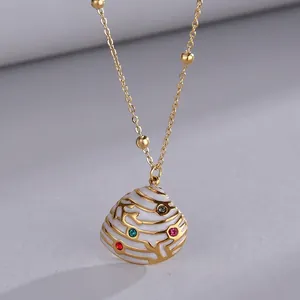 French style shell pendant necklace with enamel details and colorful zircon crystals