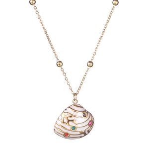 Gold beaded necklace with shell pendant and colorful gemstones on white background