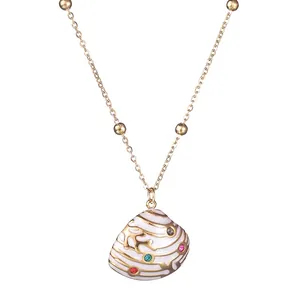 French Style Stainless Steel Shell Pendant Necklace For Women Zirconia Enamel Colorful Stone Gold Beaded Clavicle Chain Jewelry