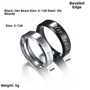 Close-up of His Beauty and Her Beast engraved rings with beveled edges and matte finish