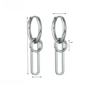 Detailed dimensions of silver round hoop earrings with long oval pendant on white background