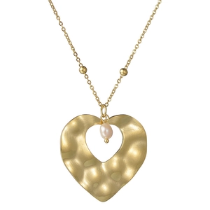 French vintage hammered hollow heart pendant necklace with pearl charm and gold beaded chain